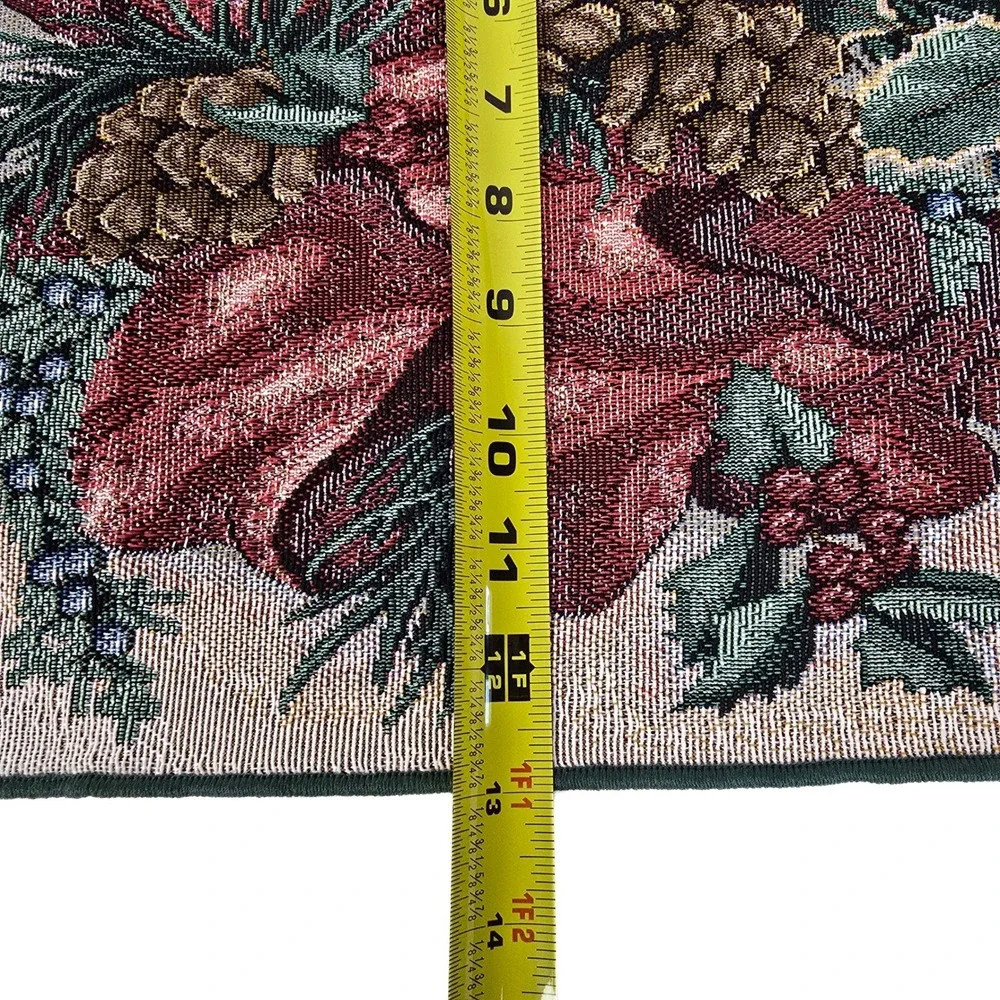Christmas Woven Tapestry Table Runner Poinsettia Pinecone Tassel Green Red 70in